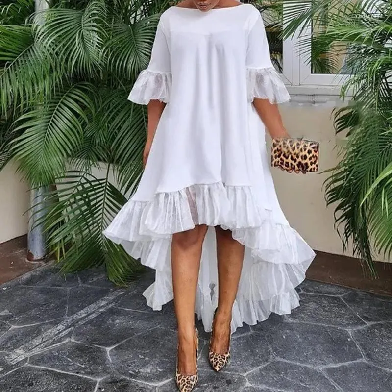 Loose Lace Splice Long Asymmetrical Dress with Irregular Ruffle Hem - Perfect for Casual, Beach, Holiday Parties and Elegant Occasions - Women's 3/4