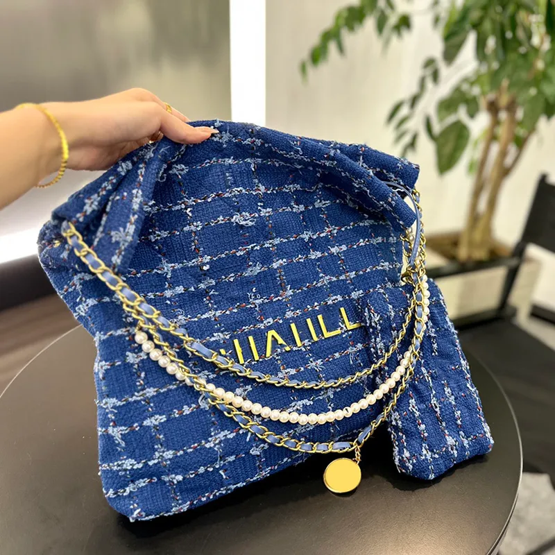 Womens Designer Tweed Denim Blue Tassel Shopping Bags Pouch Pearl Gold metal Matelasse Chain Handle Totes Crossbody Shoulder Mini/Medium Quilted Handbag 20CM/30CM