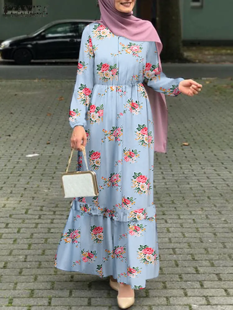 Podstawowe sukienki swobodne muzułmańska sukienka Czecha Maxi Sundress Turcja Abaya Isamiczne odzież Zanzea Women Vintage Ruffles Długie rękawie Hidżab Vestido 230613