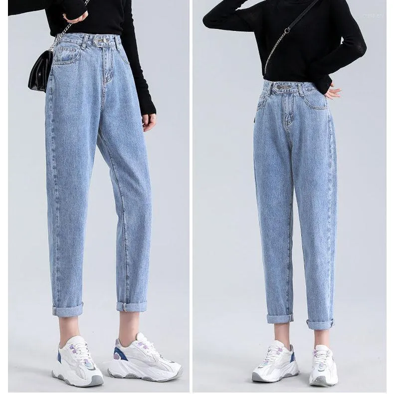 Jeans Femme Semi-élastique Taille Haute Jambe Droite Taille Femme Élastique Au Dos Pantalon Slim Ample Sarouel Solide