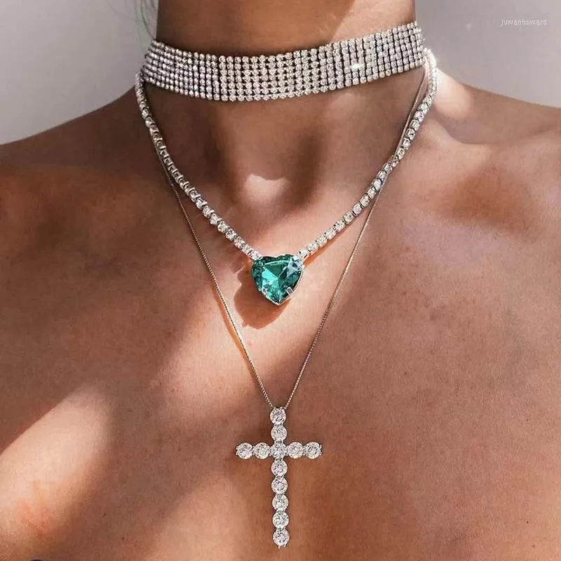 Chaînes GSOLD chaîne en strass clair en forme de coeur perceuse en verre collier à breloques croix multicouche 3 pièces ensemble bijoux en alliage de mode