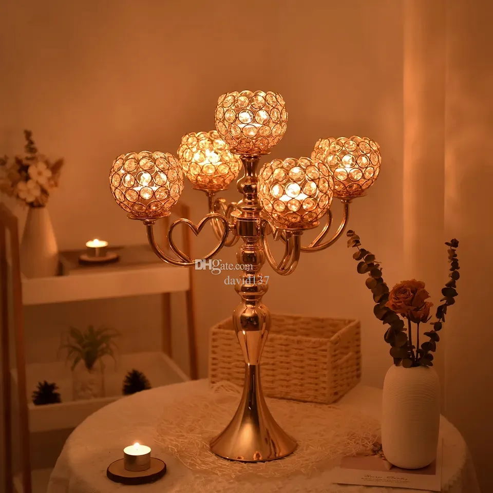 5-ramię Gold Crystal Candelabra Candle Holder Table Table Centerpieces na wesele domowe wakacje Dekoracja wydarzenia D003