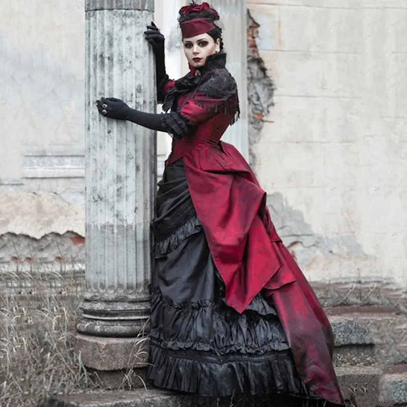 Gothique Style victorien robe de mariée noir et rouge foncé Steampunk robes médiévales pour les femmes froncé col haut Vestido 2023