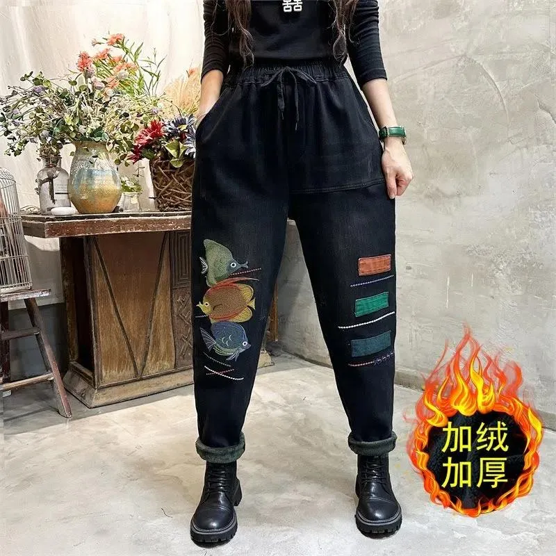 Jeans 2022new Autumn Winter Cashmere Jeans Women's Loose 4xl Denim Harem Pants Thickened Warm Radish Pants Cowboy Trousers Female Tide