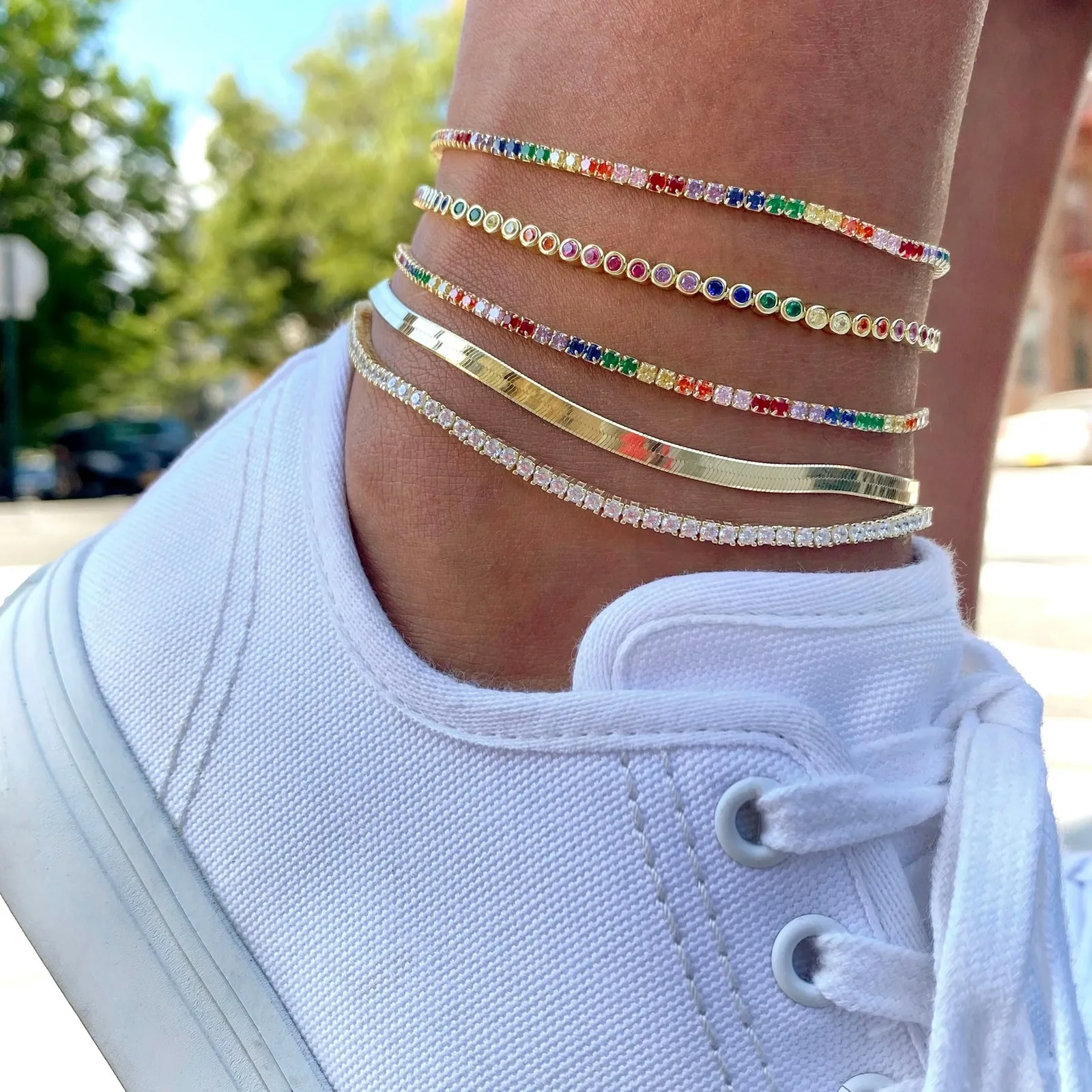 Anklets Rainbow CZ Tennis Chain Anklet Gold Color 215cm Justera Säljande strandkvinnor Färgglada fotkedjor 230612