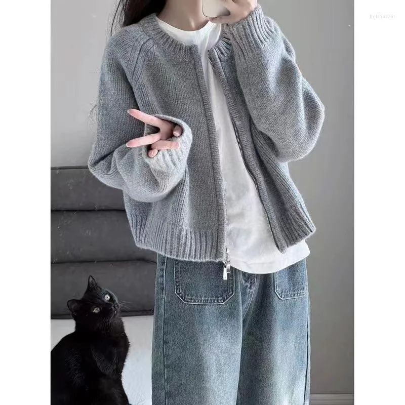 Women's Knits Preppy Style Y2k Sweater Short Loose Spring Grey Cropped Cardigan Zipper Knitted Tops Casual Jacket Oversized Sueters