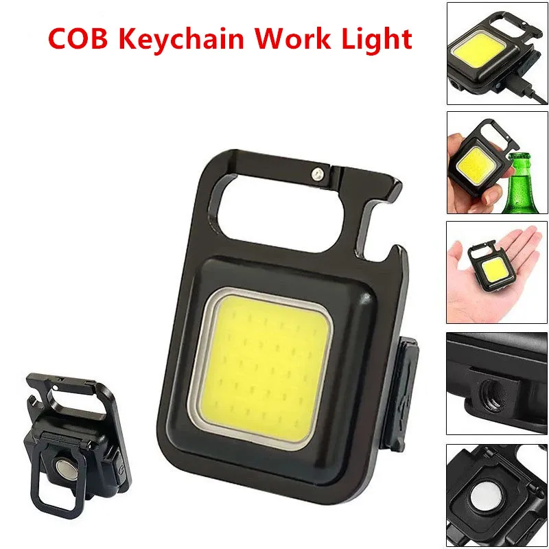 COB Keychain Work Light Rechargeable Cob Keychain Light with Retractable Keychain Bottle Opener Collapsible Bracket Pocket Magnetic COB Light for Camping