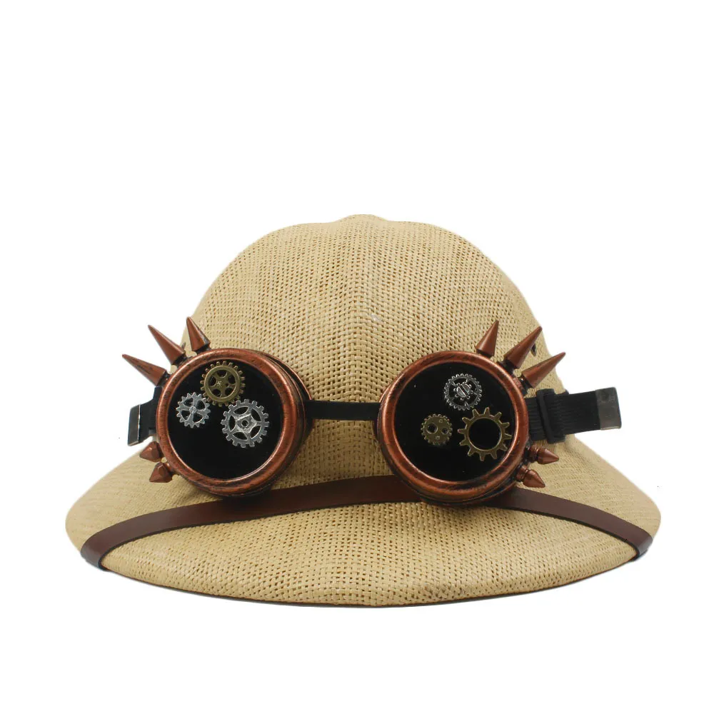 Bonés Chapéus Novidade Palha Capacete Steampunk Pith Chapéu de Sol Mulheres Homens Guerra do Vietnã Chapéu do Exército Steam Punk Óculos Safari Jungle Miners Boné 56-59CM 230612