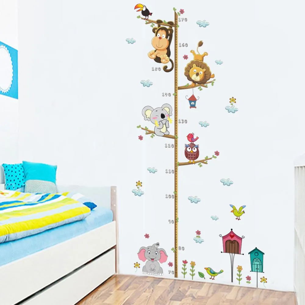 Härliga djur på trädgrenens tillväxtdiagram vägg klistermärke barn rum dekoration barn höjd mät väggmålning diy hem dekaler