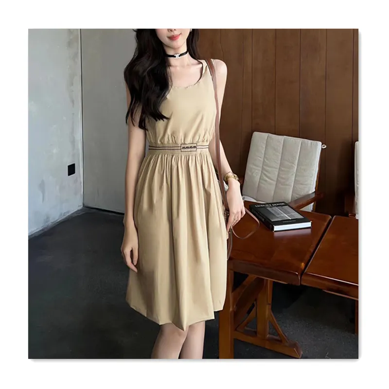 Urban sexy womens dress designer dresses fashion waist sleeveless solid letter slim summer A line skirt dress simple temperament khaki holiday casual women cloth