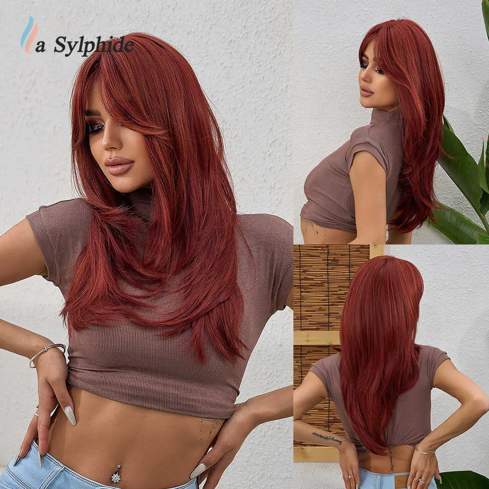 Lace Wigs La Sylphide Red Wig with Bangs Long Straight Good Quality Synthetic Wigs for Women Daily Natural Heat Resistant Hair Z0613