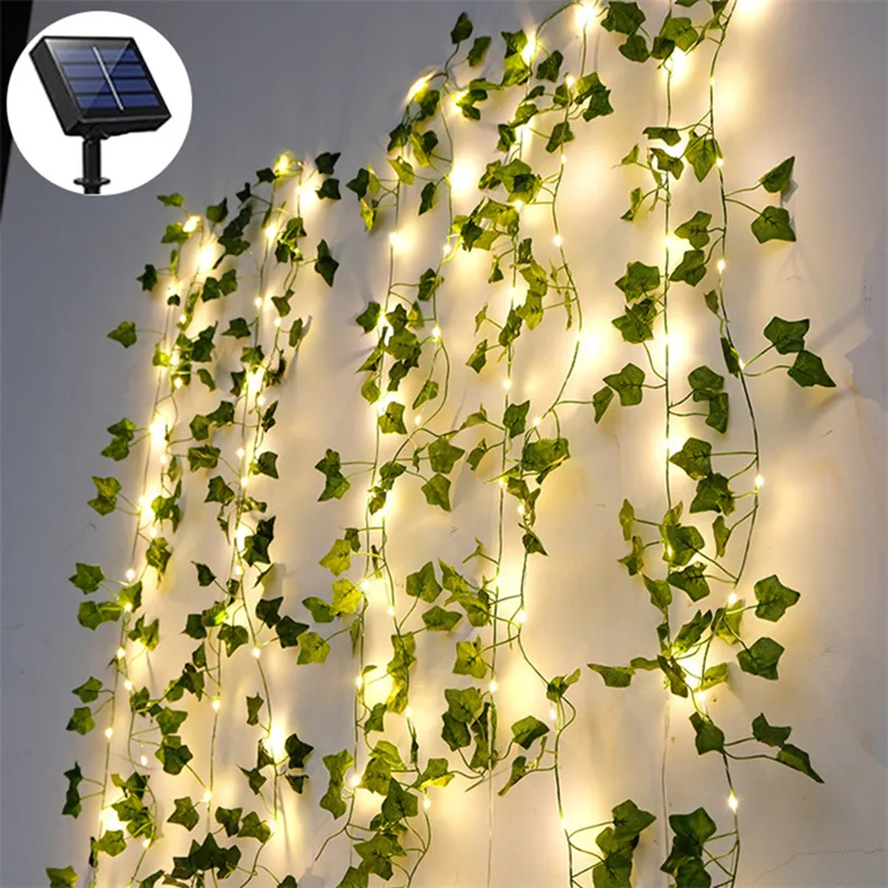 Luzes solares de fada led, 10m 100 luzes LED de corda de videira, guirlanda de plantas de folha artificial verde de 8 modos com luzes, cerca de jardim de casamento para festa decoração de casa de férias