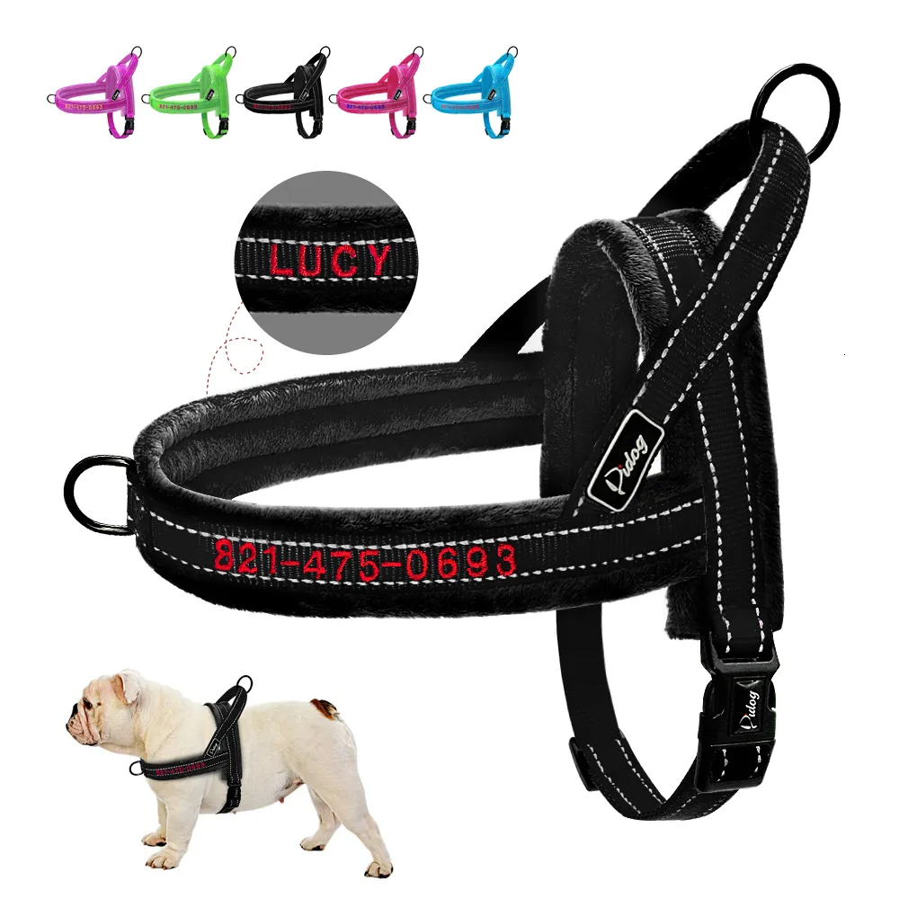 Hundhalsar Löser Anpassade flanell vadderad hundväst Harness reflekterande No Pull Dog Strap Harness Quick Fit For Small Large Dogs French Bulldog 230612