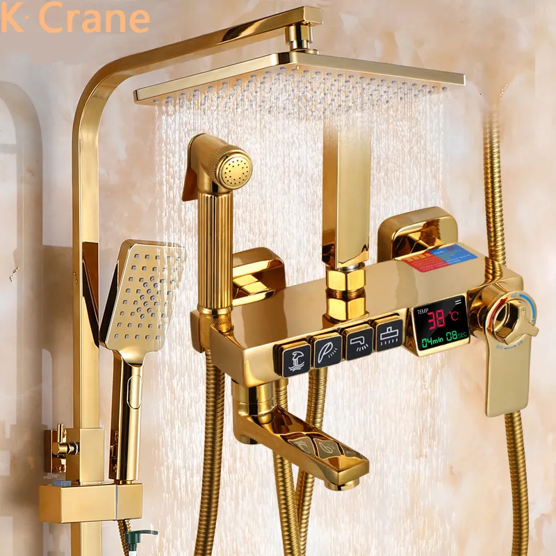 Badkamer Douchekoppen Golden Shower Set Badkamer Smart Digital Shower System Wall Mount Thermostatische Bad Kraan SPA Regenval Badkuip LED Kraan Volledige Kit 230612