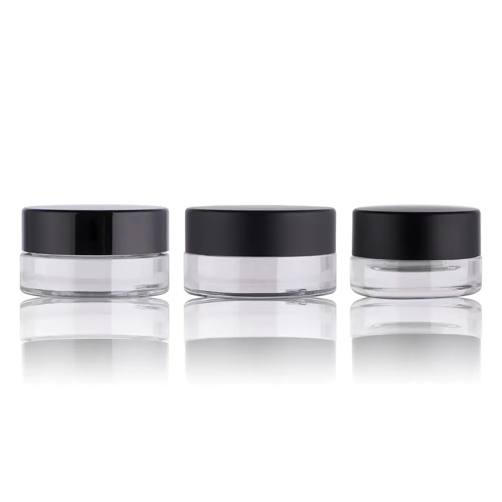 Barattolo contenitore per crema per occhi in vetro trasparente di fascia alta con fondo spesso da 3 ml e 5 ml con coperchio a vite nero, stampa logo personalizzato Cura della pelle Imballaggio cosmetico Barattolo di vetro Freeship