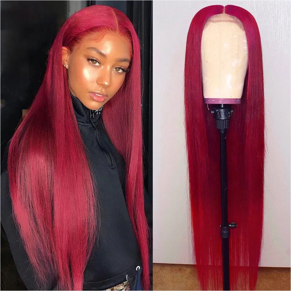 Red Colored Lace Front Wigs Human Hair 13X4 Frontal Straight HD Transparent 30Inch 4X4 Closure Brazilian