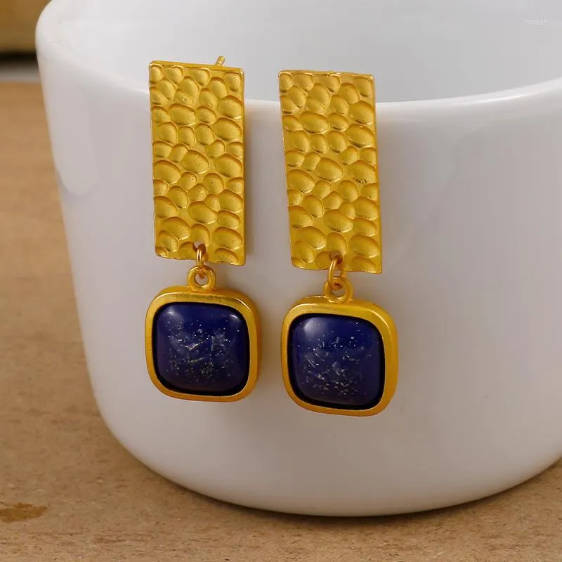 Kolczyki Dangle Boho lapis lazuli kwadratowy kształt kropla retro styl biżuterii złotą damską