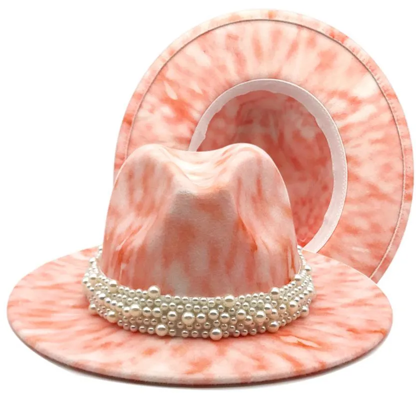 Mode Coloré Cravate-teint Laine Chapeau Printemps Couleur Fedora Chapeaux Dames Big Brim Party Jazz Chapeau De Feutre avec Perle Faite À La Main Band231P