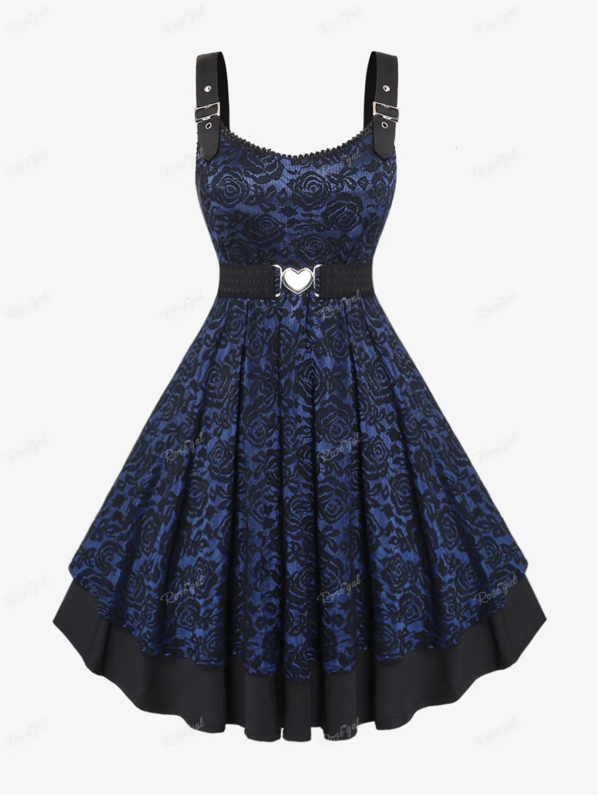 Plus size Dresses ROL Size Vintage Floral Lace Jacquard Buckled Straps Dress With Belt Deep Blue Fashion Party Holiday Vestidos 230612