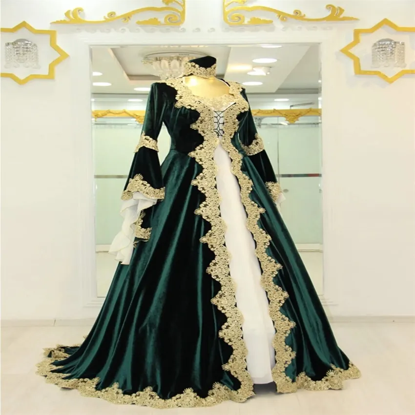 Traditional Green Moroccan Turkish Wedding Dress 2023 Elegant A Line Velvet Gothic Church Bridal Gowns Gold Lace Long Sleeve Vestidos De Novia hippie Robes Mariee