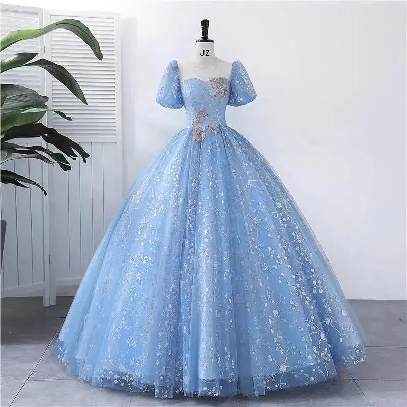 2023 Blue Evening Dresses Sequined Lace Beads Pearls Sweep Train Prom Dress Cocktail Party Wear Formal Gowns Crystal Formal Party Gowns Custom Made Robe de Mariee