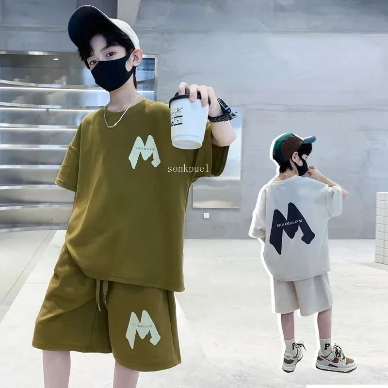 Jerseys 2pc Boys Clothes Set Summer Kids Short Sleeve Letter loose Tshirt Shorts Sport Casual Outfits for Teenage Boy Clothing p230613