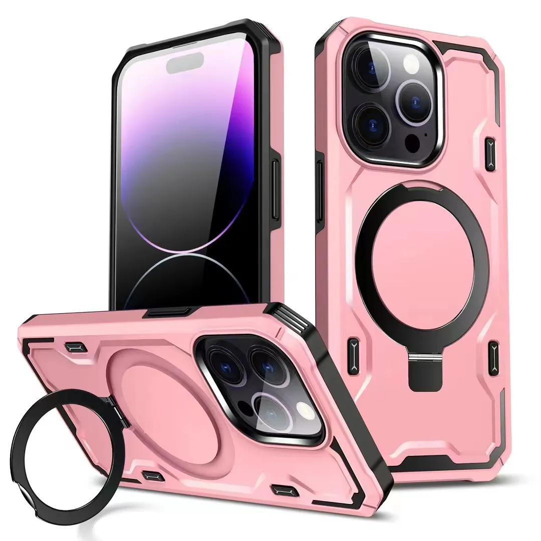 Coque de téléphone avec béquille magnétique solide pour iPhone 14 Pro Max, plus récent PC TPU hybride, support de couverture de support caché, charge sans fil avec support d'anneau invisible