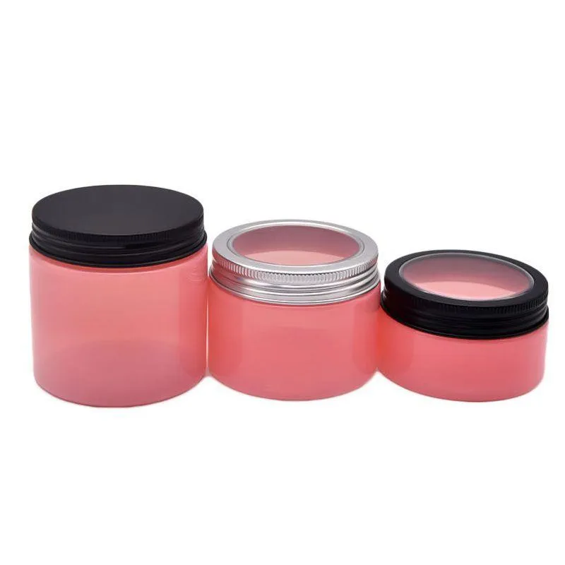 100 150 200 250ml Bocaux en plastique Rose PET pot cosmétique boîtes de rangement Bouteille ronde avec couvercles en aluminium de fenêtre pour masque crème Xvwpj