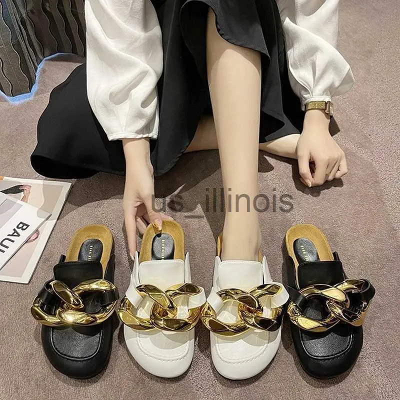 Slippers Large Size Women's Shoes Fat Feet Wide Feet 35-43 Heel-less Toe-covered Half Slippers Ladies Flat-bottomed Muller Lazy Shoes J230613