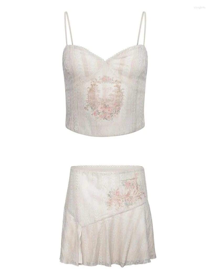 Tvådelt klädkvinnor sommar 2 kjol kläder set sexig spets blommig ärmlös ren mesh cami skörd topp hög midja midi strandkläder (b