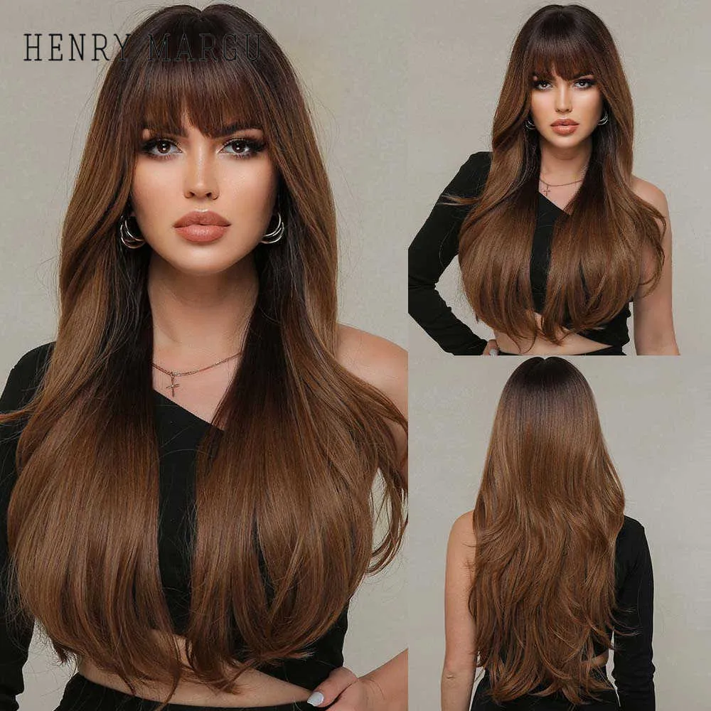 Lace Wigs Chestnut Brown Ombre Synthetische pruiken Lange natuurlijke golvende pruiken voor zwarte vrouwen met pony Dagelijkse cosplay Hittebestendige haarpruiken Z0613