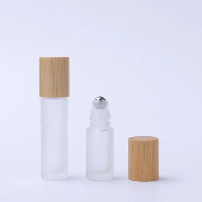 Wholesale 5ml 10ml Frosted Glass Roll On Bottles with Metal Roller Ball And Bamboo Lids