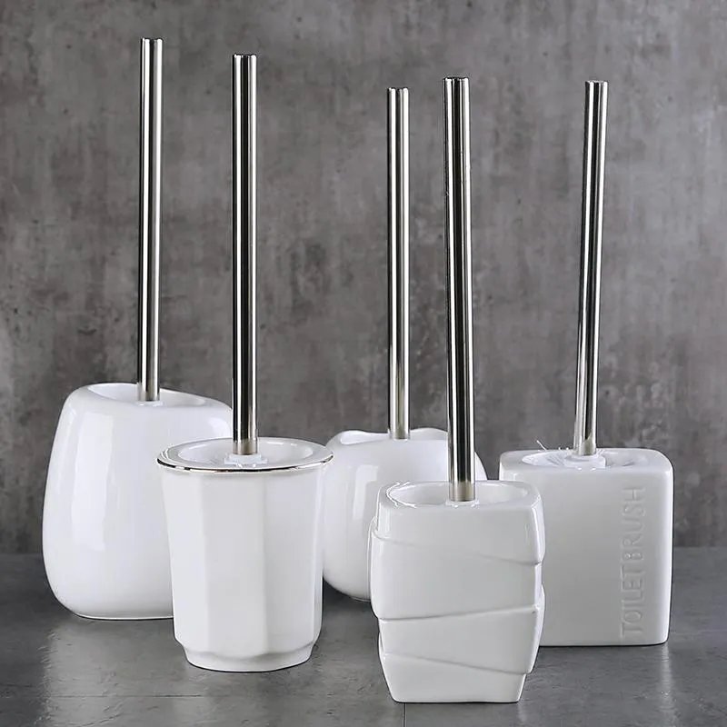 Ensembles brosse de nettoyage en acier inoxydable, Base en céramique blanche pure, porte-outils de toilette, brosse de nettoyage en céramique, ensemble d'accessoires de salle de bains