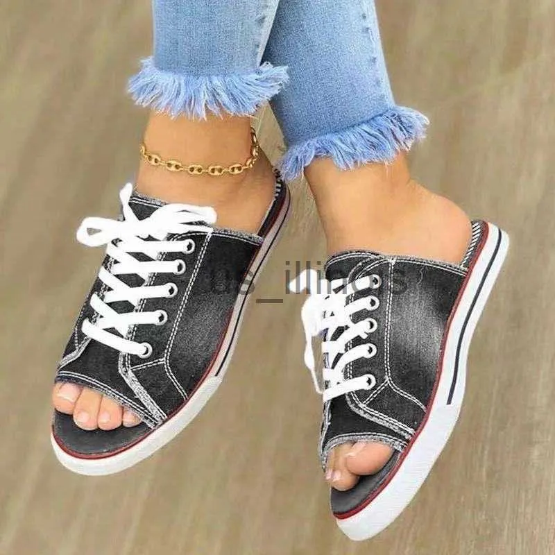 Slippers 2022 Zomer Vrouwen Slippers Nieuwe Vis Mond Open Teen Lace Up Denim Sandalen Mode Ademend Casual Platte Sport dames Schoenen J230613