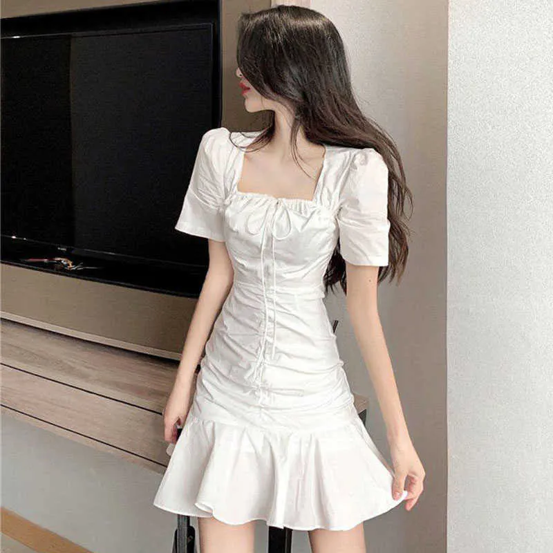 Повседневные платья Lucyever Summer Fishtail White Платье Женщина Корейское квадратное воротнич