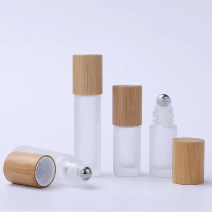 Wholesale 5ml 10ml Frosted Glass Roll On Bottles with Metal Roller Ball And Bamboo Lids