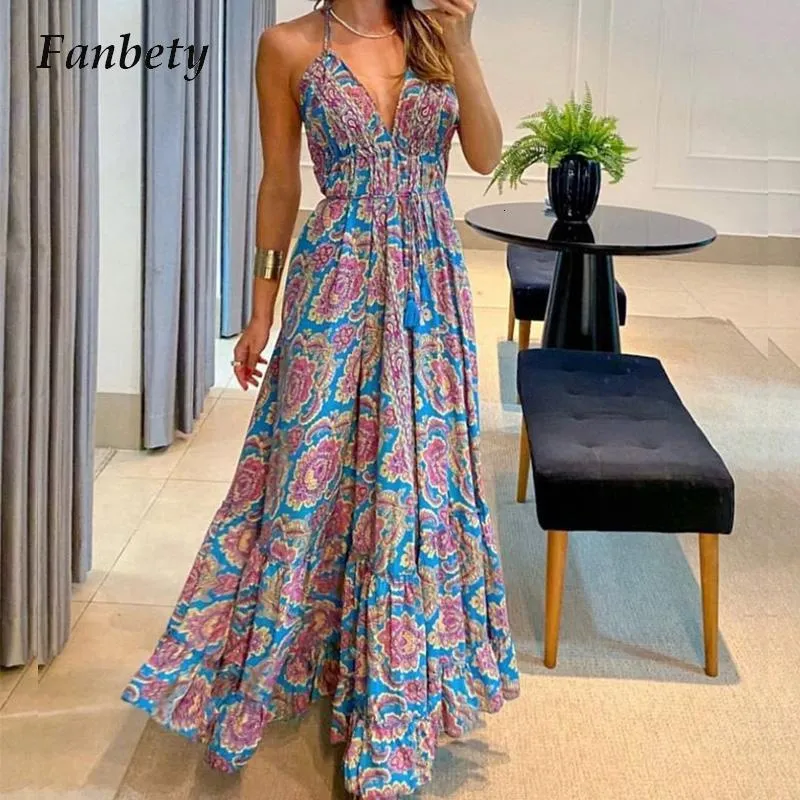 Robes décontractées basiques Femmes Mode Boho Dos Nu Maxi Dress Casual Slim A-Line Robe Longue Plissée D'été Bretelles Spaghetti Robe Imprimée Rétro 230613