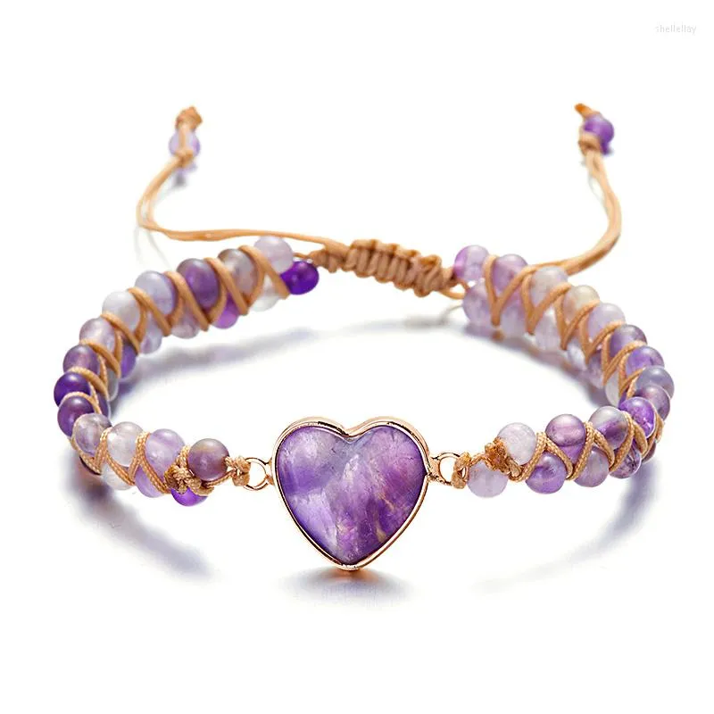 Strand Fashion Natural Stone Beads Heart Armband för kvinnor Män Yoga smycken Bangle Charm Handgjorda vävda rep armbandsgåva