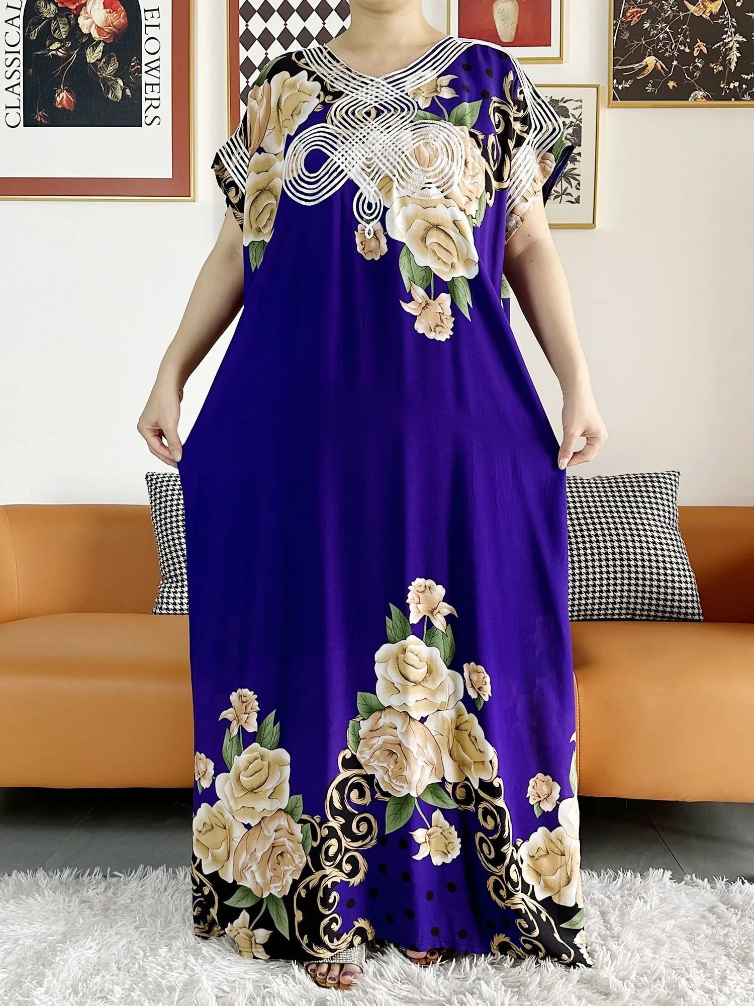 Styl ubrania etnicznego Muzułmańska dama Summer Sukienka z krótkim rękawem róża kwiatowy nadruk kolorowy Boubou Maxi islam kobiety afrykańskie Abaya Ubrania 230613