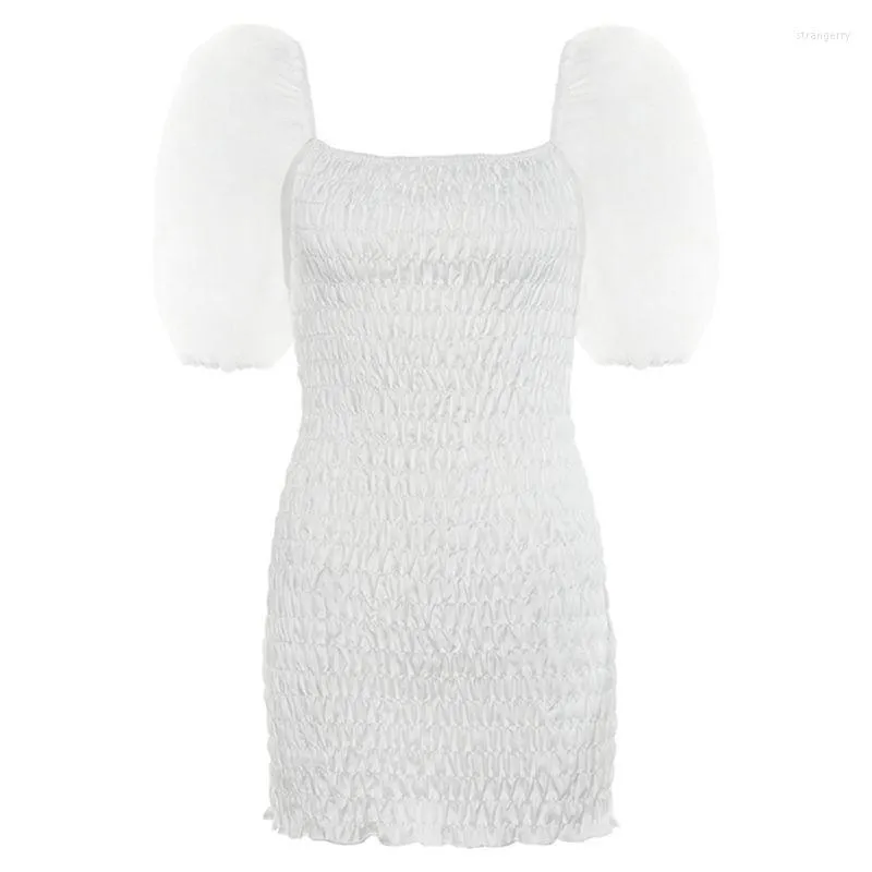 Party Jurken Vrouwen Korte Mesh Bubble Mouwen Sexy Mini Bodycon Jurk Witte Kleur Gesmokt Rekbare Ruches Zoom Wedding Cocktail P8DB