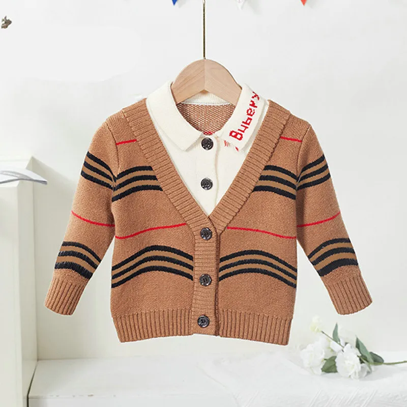 Cardigan suéter de tricotado Sweater de inverno outono de manga longa listra casual quente de duas peças roupas infantis para 1-6y