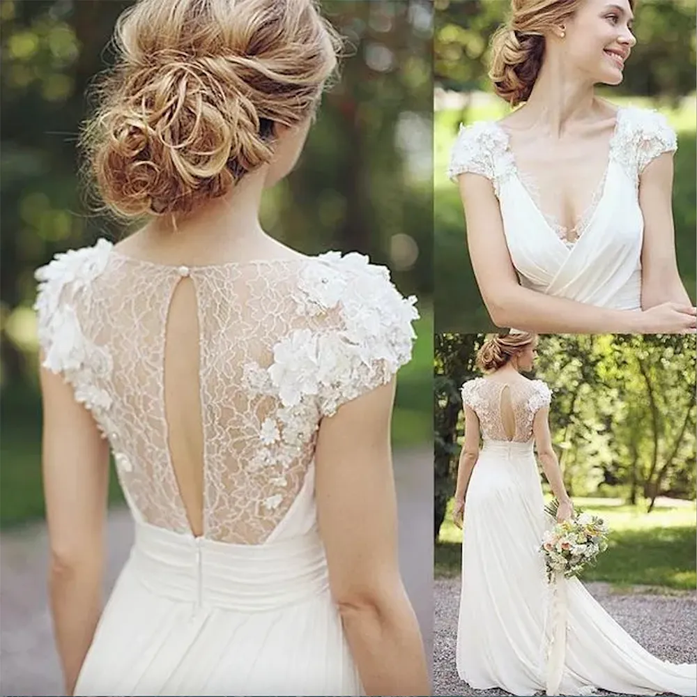 Abiti da sposa eleganti da giardino A Line con scollo a V Pieghe Illusion Back Abiti da sposa con applicazioni Gonna in chiffon estivo Abiti da sposa