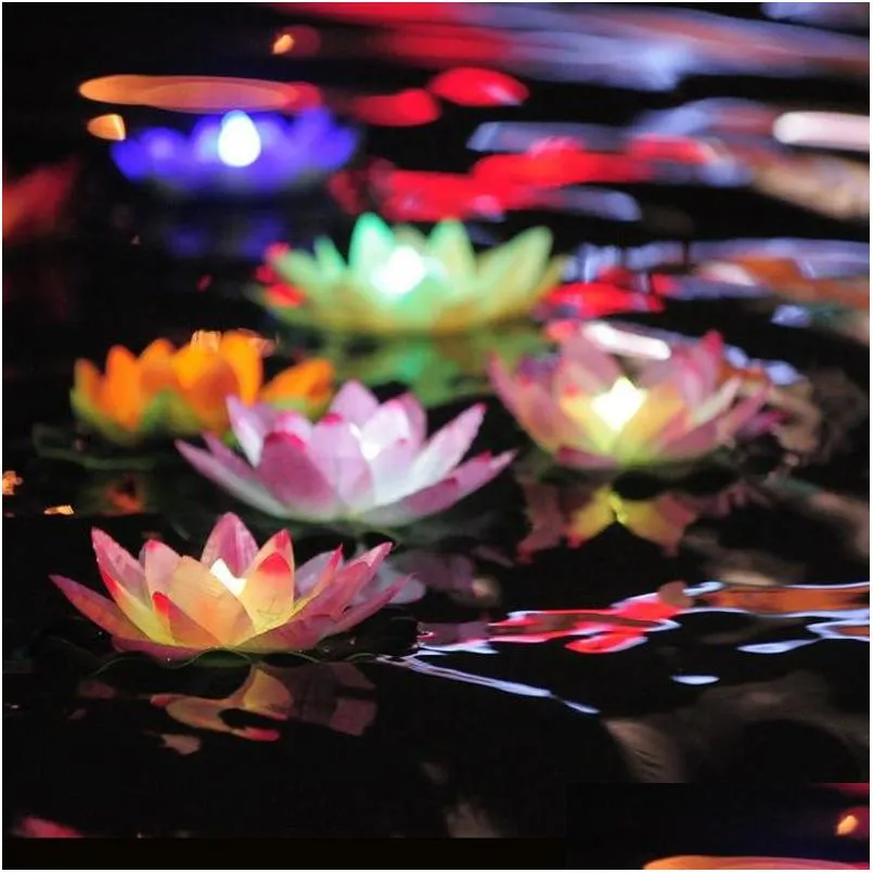 Coroas de flores decorativas Led Lótus Lâmpada Colorf Changed Flutuante Water Pool Wishing Light Lantern Candleless Flower Lamps F Dhta9