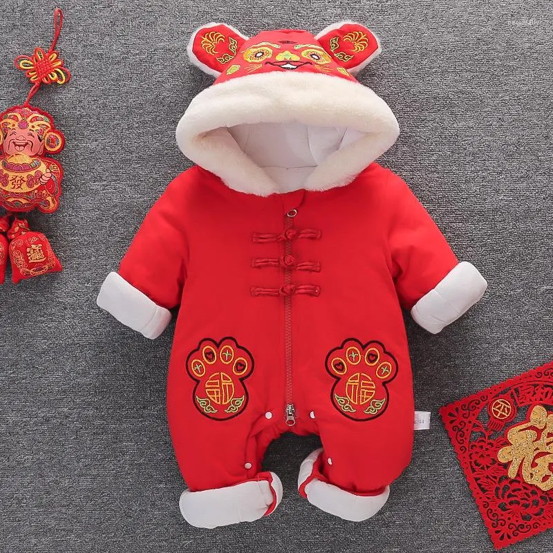 Ethnic Clothing Winter Baby Tang Suit Hooded Romper Chinese Style Year Girls Greeting Festive Climbing Clothes Embroidery Costume