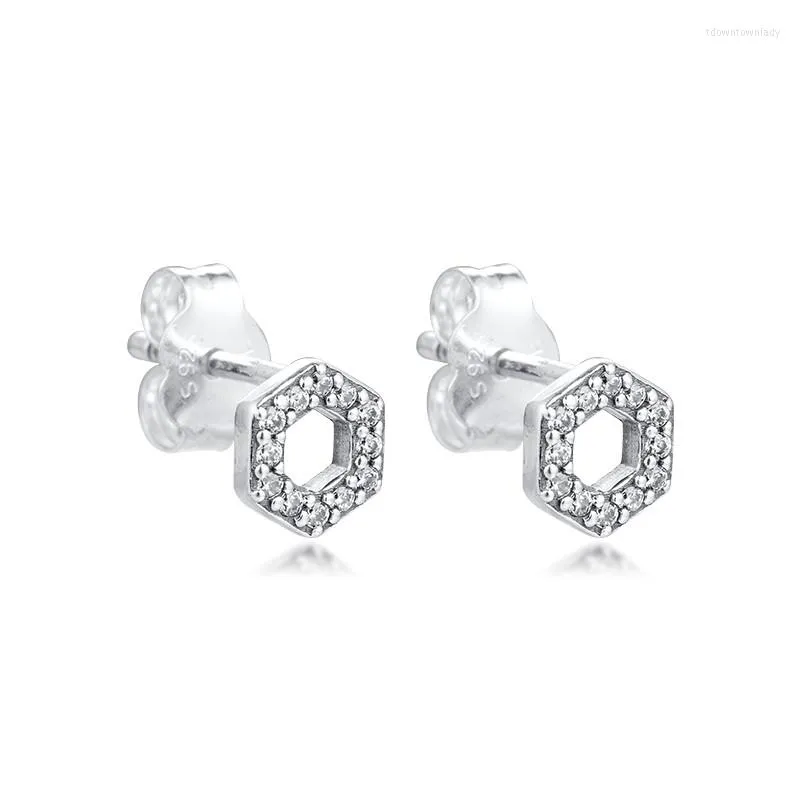 Stud Earrings Sparkling Honeycomb Hexagon For Women Silver 925 Jewelry Lady Small Pendientes Female Sterling Earings