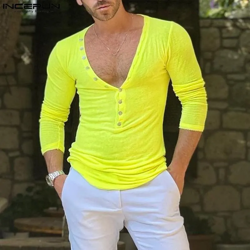 Camisetas para hombre INCERUN Camiseta para hombre Color sólido Cuello en V Manga larga Botón Casual Camiseta delgada Tops Fitness Streetwear Camisetas con estilo S-5XL 230613