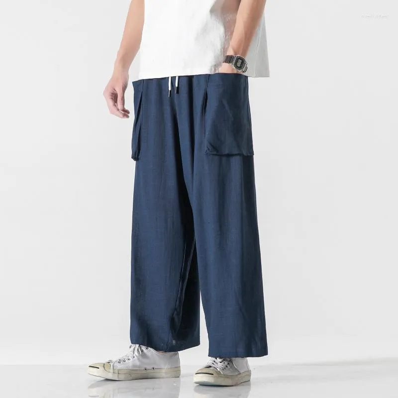 Men's Pants Chinese Style 2023 Linen Plus Size Casual Wide Male Harajuku Hakama Tai Chi Trousers Men Clothing Oversized Hanfu