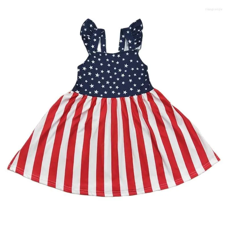 Girl Dresses Wholesale July 4th Stars Summer Kids Striped Twirl Dress Baby Short Sleeves Children Toddler Independence Day Clothes