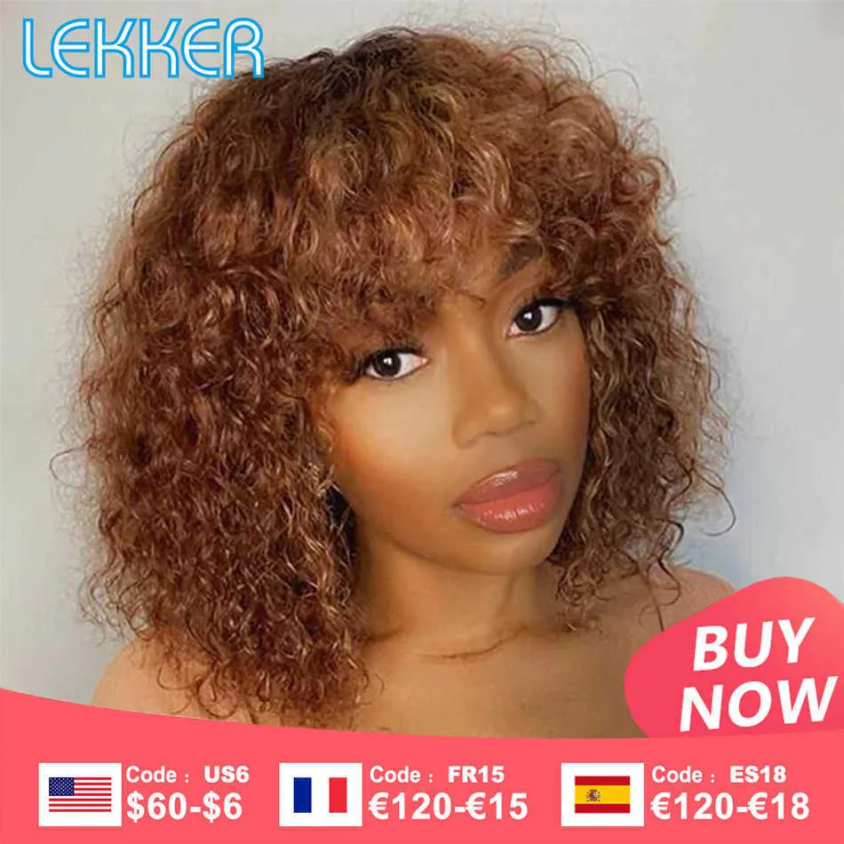 Perucas de renda Lekker colorido curto afro crespo encaracolado bob cabelo humano franja peruca para mulheres cabelo remy brasileiro ombre marrom solto perucas onduladas profundas z0613