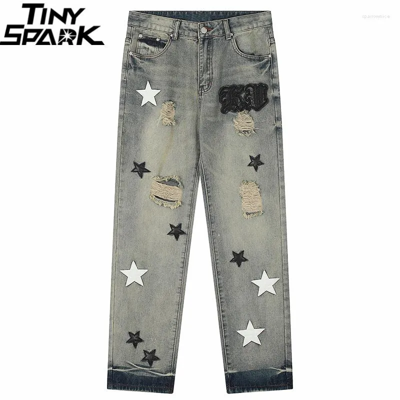 Herenbroek 2023 Mannen Streetwear Blauwe Jeans Gescheurde Gaten Ster Borduurflarden Retro Denim Harajuku Jogger Broek